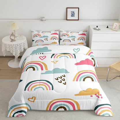 Rainbow Comforter Set Full for Kids Girls Child,Colorful Girly Rainbow Bedding for Girls Bedroom,Cartoon Sun and Star Inner Fill Graffiti Striped Painting Quilt with 2 Pillow Shams Home Room Decor