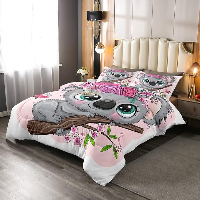 Erosebridal Cartoon Koala Comforter Set Full Size, Cute Koala Bedding Set, Cherry Blossom Rose Quilted Duvet for Kids Baby Toddler, Nursery Quilt Set, Butterfly Branch Leaves Duvet Set