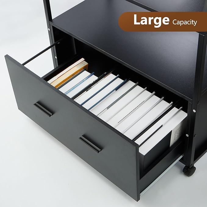 2 Drawer Lateral File Cabinet with Bookshelf, Industrial 4-Tier Filing Cabinet Printer Stand with Wheels, Ladder Shelf Stand with Open Storage for Home Office,Black