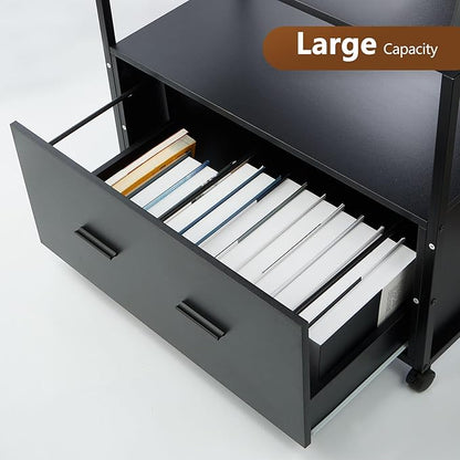 2 Drawer Lateral File Cabinet with Bookshelf, Industrial 4-Tier Filing Cabinet Printer Stand with Wheels, Ladder Shelf Stand with Open Storage for Home Office,Black