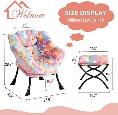 Welnow Toddler Kids Lazy Chair with Ottoman, Glow in The Dark Accent Comfy Lounge Children Armchair Couch with Removable Cover, Detachable Reading Chair with Footrest for Boy or Girl