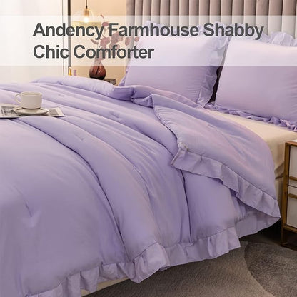 Andency Lavender Ruffle Comforter Full(79x90Inch), 3 Pieces(1 Ruffled Comforter and 2 Pillowcases) Solid Farmhouse Shabby Chic Comforter, Vintage Rustic Soft Microfiber Bedding Set