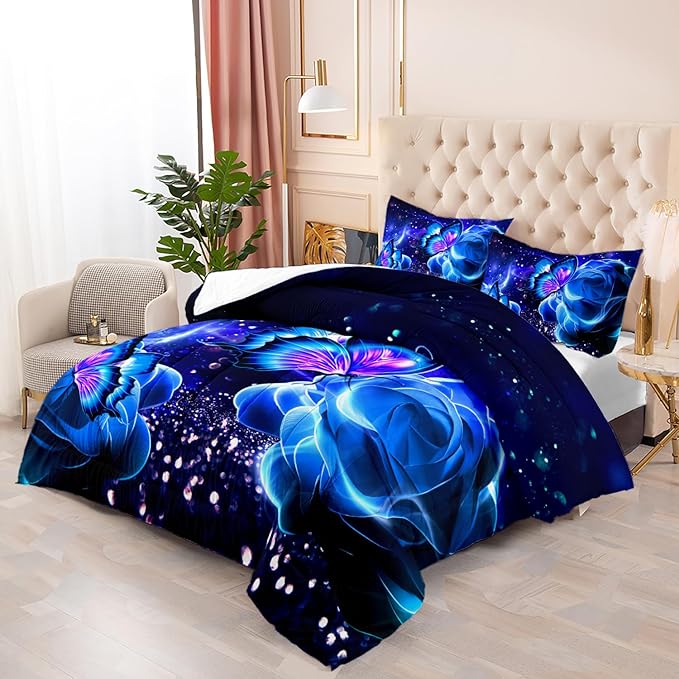 Galaxy Butterfly Comforter Set Full Size for Girls Kids Adults Butterfly Rose Bedding Set Aesthetics Butterflies Quilt Bed Set with 1 Comforter and 2 Pillowcases