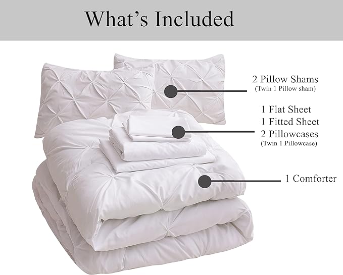 LANE LINEN Twin Comforter Set, 5 Piece Twin Bedding Sets, Ultra Soft Pintuck Twin Bed in a Bag Set with Down Alternative Comforter, Sheets, Pillowcase & Sham, Pinch Pleated Kids Bedding Set - White