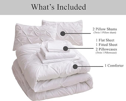 LANE LINEN Twin Comforter Set, 5 Piece Twin Bedding Sets, Ultra Soft Pintuck Twin Bed in a Bag Set with Down Alternative Comforter, Sheets, Pillowcase & Sham, Pinch Pleated Kids Bedding Set - White