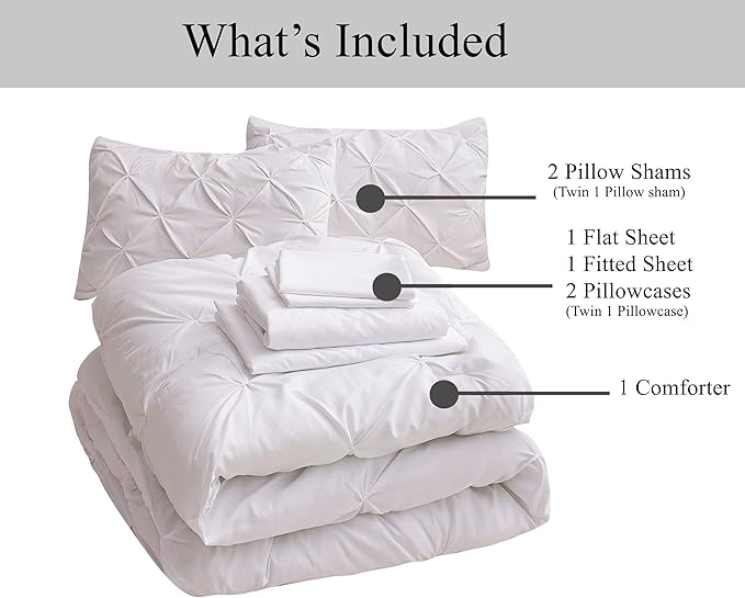 LANE LINEN Full Size Comforter Sets, 7 Piece Bed in a Bag Full Size, Soft Full Size Bed Set, Pintuck Bedding Comforter Sets Full Size, Full Size Comforter Set with Sheets, Pillowcases & Shams - White