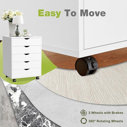DUMOS 5 Drawer File Cabinet 5 Wood Rolling Organizer Storage Chest with Wheels Mobile Printer Stand for Home Office, White