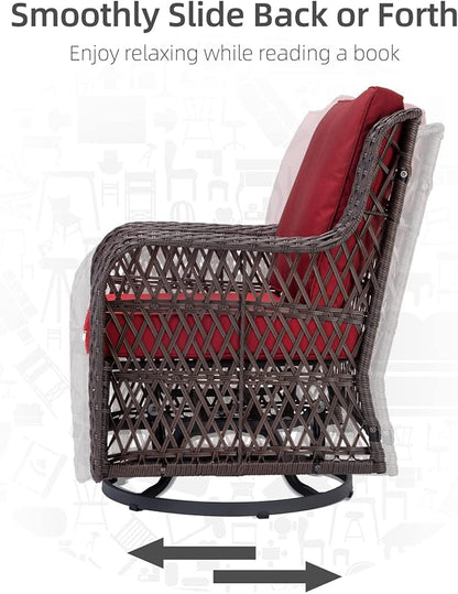 IDEALHOUSE 3 Pieces Outdoor Wicker Swivel Rocker Patio Set, 360-Degree Swivel Rocking Chair Elegant Wicker Patio Bistro Set with Tempered Glass Top Side Table (Red)