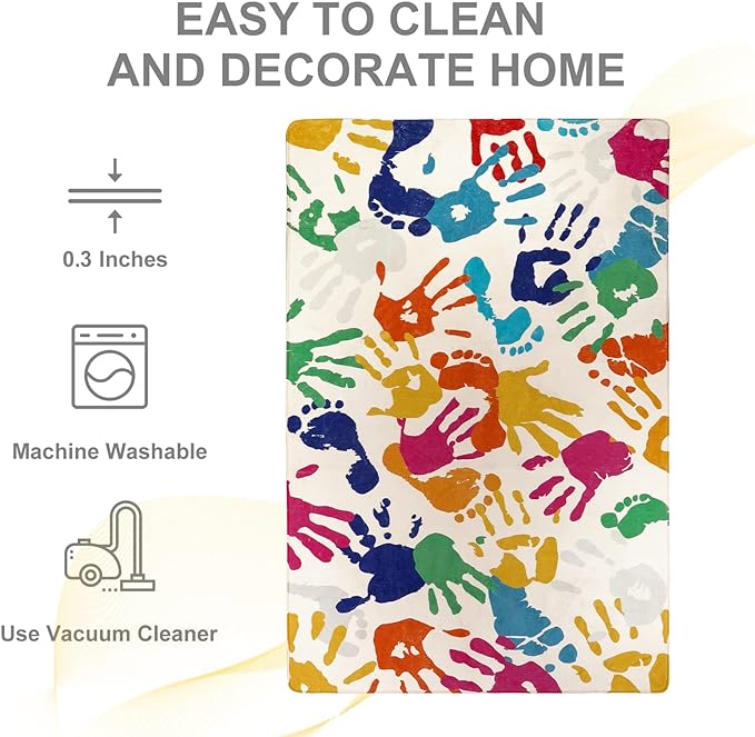 Large Colorful Kids Rug 6x9 Ft, Non-Slip Washable Rug for Classroom, Handprints and Footprints Rugs for Playroom, Soft Nursery Rug Indoor Play Mat for Kids Room Daycare School