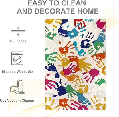 Large Colorful Kids Rug 6x9 Ft, Non-Slip Washable Rug for Classroom, Handprints and Footprints Rugs for Playroom, Soft Nursery Rug Indoor Play Mat for Kids Room Daycare School
