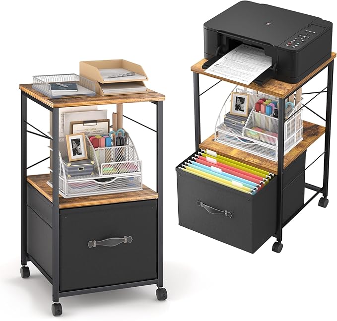 VECELO File Cabinet, Rolling Printer Stand with Large Fabric Drawer, Storage Cabinet Fits Letter Size, Ideal for Small Spaces, Apartments and Bedroom, Easy to Install, Brown+Black,2 Set