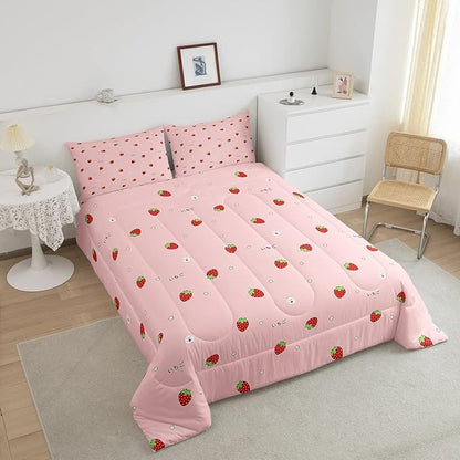Kawaii Bedding, Pink Strawberry Decor Comforter Set Full, for Women Girls Kids Kawaii Room Decor, Cute Strawberry Duvet Set Reversible Cute Kawaii Strawberry Quilt Duvet Set with 2 Pillowcases
