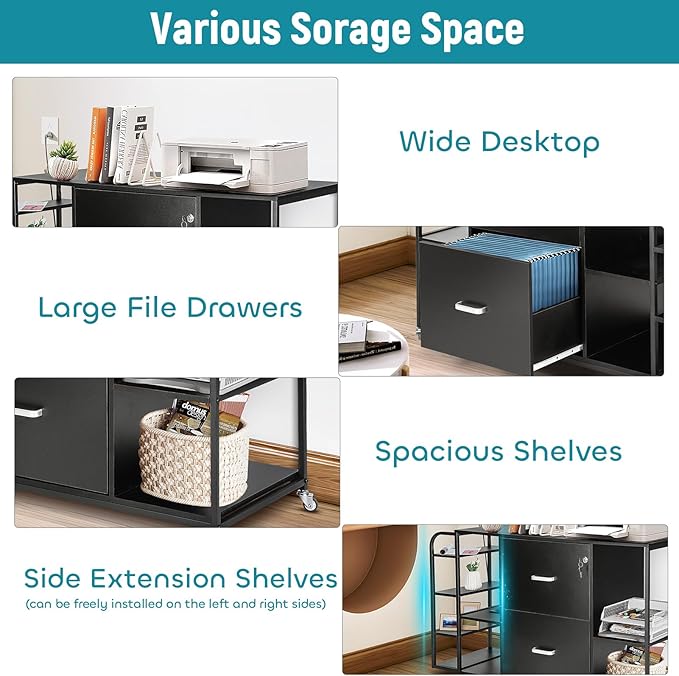 Lateral File Cabinet, 2 Drawer Mobile Filing Cabinet with Outlet, Open Storage Side Shelves, Locking Drawer Fits A4/Letter/Legal Size File Cabinets for Home Office, Black