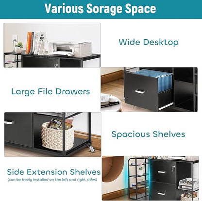 Lateral File Cabinet, 2 Drawer Mobile Filing Cabinet with Outlet, Open Storage Side Shelves, Locking Drawer Fits A4/Letter/Legal Size File Cabinets for Home Office, Black