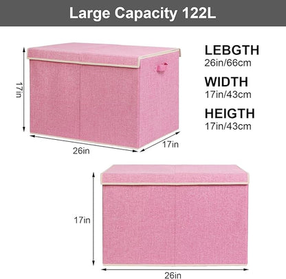 popoly 122L Large Toy Box Chest with Lid, Foldable Toy Storage Organizer Bin Boxes with Removable Divider for Kids, Boys, Girls, Nursery, Playroom, 26"x17" x17"(Linen Pink)