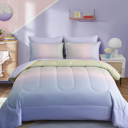 Dinjoy Girls Comforter Set Full Size Colorful Rainbow Ombre Pink Purple Green Bedding Set Gradient 7 Pieces Bed in A Bag for Kids Teen Girl Women(1 Comforter, 1 Flat Sheet, 1 Fitted Sheet)