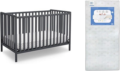 Delta Children Heartland 4-in-1 Convertible Crib, Charcoal Grey + Delta Children Twinkle Galaxy Dual Sided Recycled Fiber Core Crib and Toddler Mattress (Bundle)