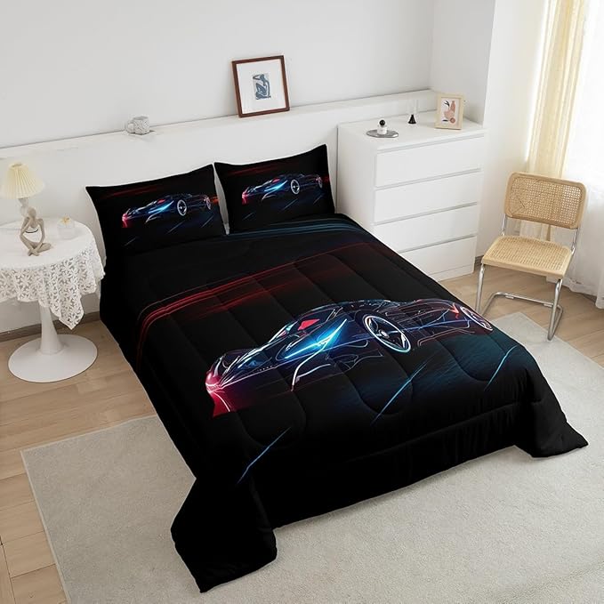 Feelyou Red Blue Race Car Bedding Set Twin Size for Kids Boys Extreme Sport Games Comforter Set Teens Toddler Fast and Furious Duvet Set Cool Modern Quilt Set 2Pcs
