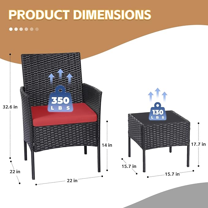 Patio Furniture Set 3 Pieces All-Weather Rattan Outdoor Furniture Patio Chairs with Tempered Glass Table for Porch Bistro Balcony Bistro Set(Black/Red)