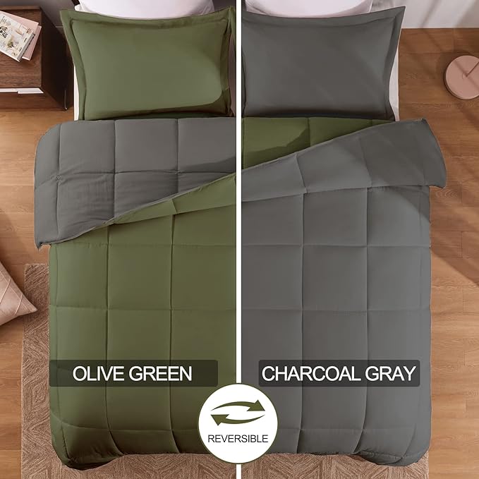Basic Beyond King Size Comforter Set - Fluffy King Bed Comforter Set for All Seasons - Reversible Olive Green King Size Comforter Set - 3 Pieces (1 Comforter + 2 Pillow Shams) - Olive Green/Drak Gray