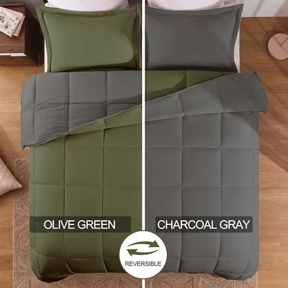 Basic Beyond King Size Comforter Set - Fluffy King Bed Comforter Set for All Seasons - Reversible Olive Green King Size Comforter Set - 3 Pieces (1 Comforter + 2 Pillow Shams) - Olive Green/Drak Gray
