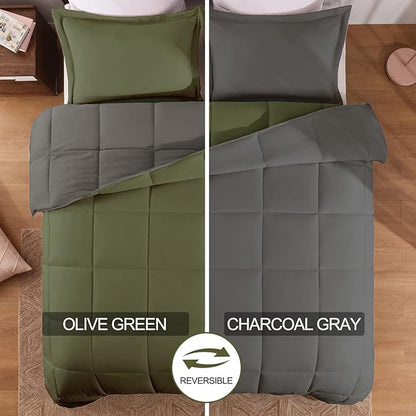 Basic Beyond Queen Comforter Set - Fluffy Comforter Queen Set for All Seasons - Reversible Olive Green Queen Comforter Set for Mens - 3 Pieces (1 Comforter + 2 Pillow Shams) - Olive Green/Drak Gray