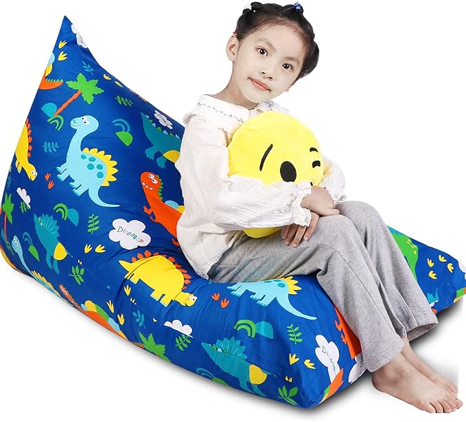 Stuffed Animal Storage Bean Bag Chair Cover, Cotton Blue Dinosaur Plush Toy Storage Stuff and Sit Seat for Kids/Teens/Adults, 52" x 31" Extra Large Triangle Floor Sofa, 200L/52Gal, Cover Only