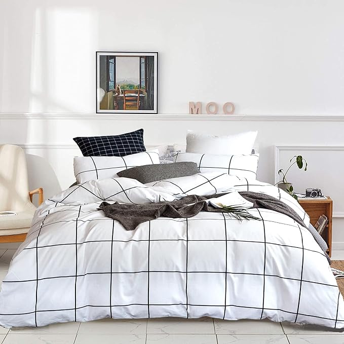 White Grid Comforter Set Big Grid Bedding Set Full White Black Plaid Printed Stripes Women Checkered Comforters Bedding Set Girls White Grid Bed Blanket Set White Plaid Full Comforter