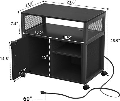 Unikito Lateral File Cabinet, Locking Office Filing Cabinets with Socket and USB Charging Port, Modern Rolling Printer Stand with Storage for A4, Letter Size and File Folders, Black