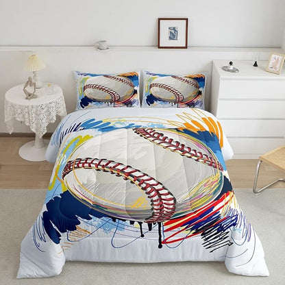 Erosebridal Baseball Comforter Set for Boys Kids Twin Grunge Graffiti Baseball Bedding Set Sports Theme Bed Comforter Sets Watercolor Hippie Tie Dye Quilt Duvet 1 Pillow Case Hand Drawn Navy