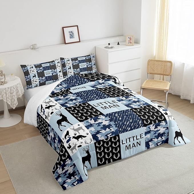 Manfei Camo Deer Antlers Comforter Set Twin,Geometric Checks Patchwork Bedding Set 2pcs for Kids Teens Boys Adults Room Decor,Boho Arrow Animals Quilt Set,Blue Xmas Duvet Insert with 1 Pillowcase
