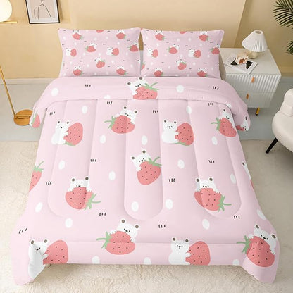 Cartoon Bear Comforter Twin Size,Pink Strawberry Comforter Set for Kids Teens Girls,3Pcs Bedding Set Printed Comforter with 2 Pillowcases,Down Alternative,Soft and Lightweight，Twin Size