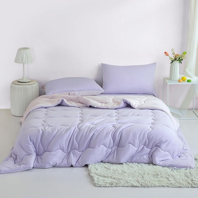 COTTEBED Reversible Ultra-Soft Light Pink and Purple Comforter Set Queen Full Size, Jersey Knit T-Shirt Feel Cute Fluffy Lightweight Bedding Down Blanket Quilt Pillowcase for Man Women Girl All Season