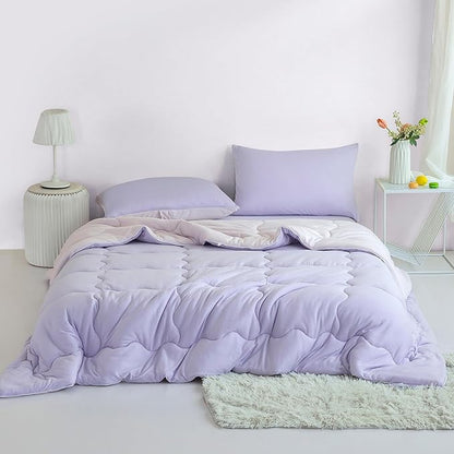 COTTEBED Reversible Ultra-Soft Purple and Light Pink King Size Bed Comforter Set, Jersey Knit T-Shirt Feel Cute Comy Bedding Down Blanket Quilt & Pillowcase Lightweight All Season California Cal King