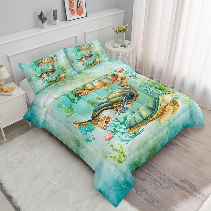 Datura home Sea Turtle Comforter Bedding Set for Kids Teens Adults,Watercolor Sea Turtle Light-Green and Blue Coral Seaweed Ocean Themed Comforter with 2 Pillowcases(Turtle Twin),Green Turtle