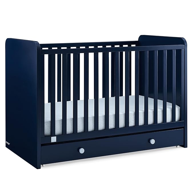 Delta Children babyGap Graham 4-in-1 Convertible Crib with Storage Drawer + Brannan Bear Bookcase with Bins + Brannan Bear Wall Shelf with 4 Hooks, Navy/Light Blue (Bundle)