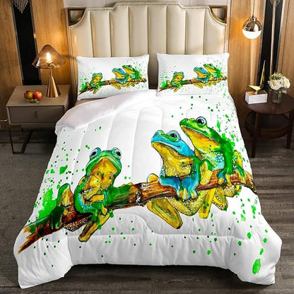 Erosebridal Cartoon Frog Comforter Set Full Size, Green Tie Dye Down Comforter, Tree Branch Quilted Duvet,Animal Soft Duvet Insert for Kid Adult, White Room Decor Reversible All Season