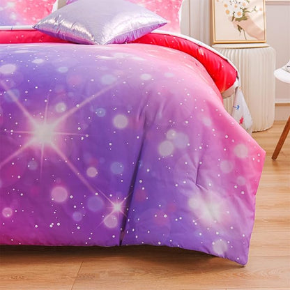 A Nice Night 6Pcs Gradient Glitter Bedding Set for Girls, Colorful Rainbow Galaxy Comforter Set, Ultra Soft Bedding Sets (Pink-Purple,Twin 6Pcs)