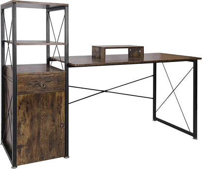 Becko US Computer Desk 63 Inch with Drawer & Storage Shelves, Home Office Desk with Removable Monitor Stand, Writing Gaming Table for Home Office (Rustic Brown)