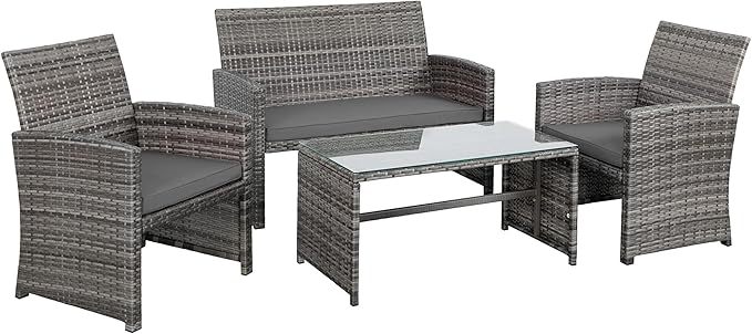 Shintenchi 4-Piece Outdoor Gray Wicker Patio Conversation Furniture Set, Rattan Patio Furniture Set with Weather Resistant Cushions and Tempered Glass Tabletop,Grey