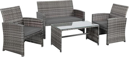 Shintenchi 4-Piece Outdoor Gray Wicker Patio Conversation Furniture Set, Rattan Patio Furniture Set with Weather Resistant Cushions and Tempered Glass Tabletop,Grey