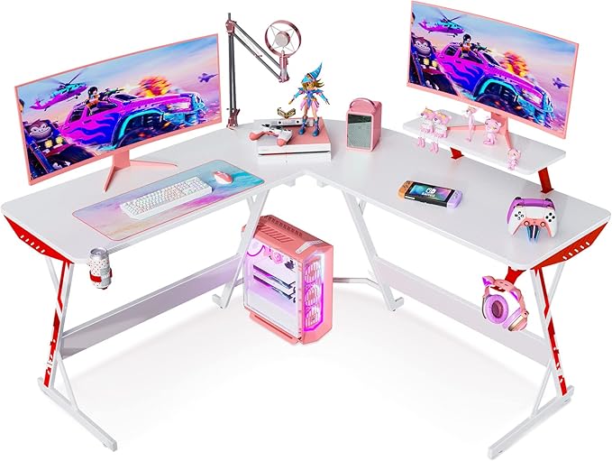 MOTPK White Gaming Desk L Shaped, Gamer Desk Gaming Table with Carbon Fiber Surface, Corner Computer Desk L Shape with Cup Holder & Headphone Hook, 51 Inch
