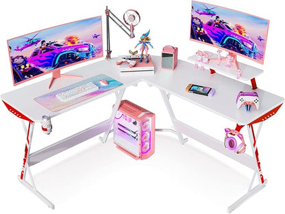 MOTPK White Gaming Desk L Shaped, Gamer Desk Gaming Table with Carbon Fiber Surface, Corner Computer Desk L Shape with Cup Holder & Headphone Hook, 51 Inch