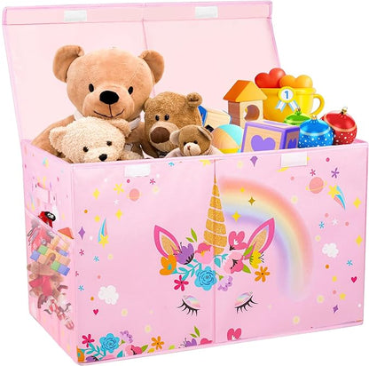 Large Toy Box Chest, Collapsible Sturdy Toy Storage Organizer for Kids, Boys, Girls, 25"x13"x16" Toy Chest Storage Bins with Lids Toy Bins Baskets Boxes for Living Room, Playroom, Nursery, Pink