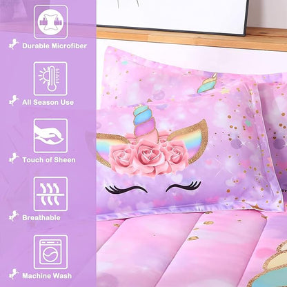 Unicorn Kid's Comforter Set 3pc Pink Flower Girl Soft Unicorn Bedding Sets