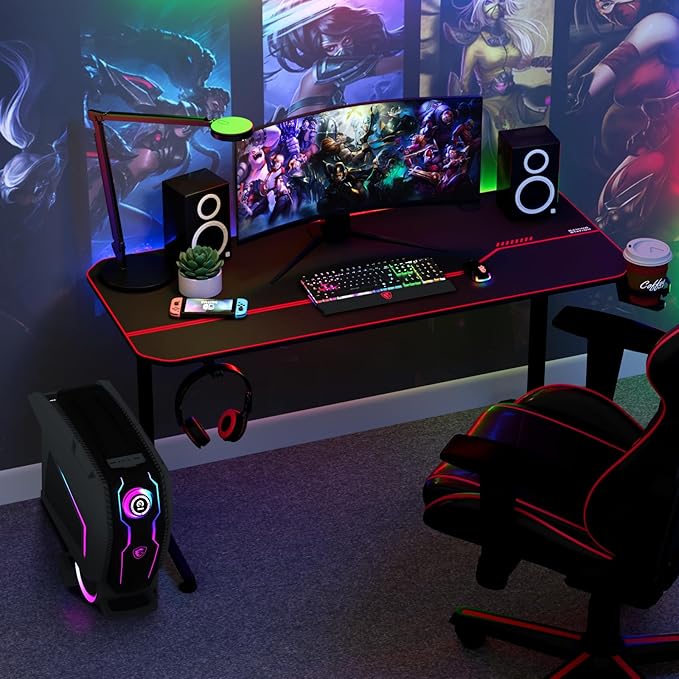 55'' Gaming Desk, Multi-Use Home Office T-Shaped Computer Workstation, Carbon Fiber Surface PC Study Table, Full Cover Mousepad, Drink Holder, Wire Holes, Headphone Hook, Cable Tray, Red