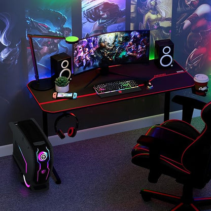 55'' Gaming Desk, Multi-Use Home Office T-Shaped Computer Workstation, Carbon Fiber Surface PC Study Table, Full Cover Mousepad, Drink Holder, Wire Holes, Headphone Hook, Cable Tray, Red