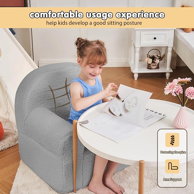 Toddler Chair Sherpa Couch Sherpa Kids Chair, Cuddly Kids Chairs Comfy Toddler Plush Chair Toddler Couch Reading Chair for Kids Fuzzy Baby Chair Grey