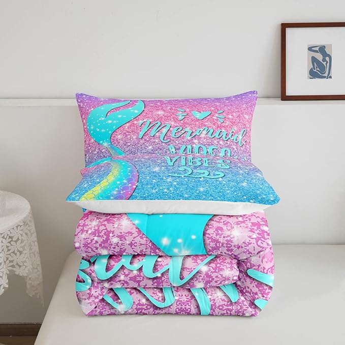 Girls Mermaid Tail Comforter Set Full Kawaii Coastal Fish Scales Bedding Set Glitter Star Galaxy Comforter Blue Pink Pastel Ombre Set Princess Bed Set Ocean Animal Quilt Duvet 2 Pillowcases Teal