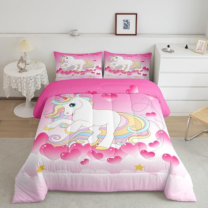 Girls Unicorn Comforter Set Twin Girly Fantasy Rainbow Unicorn Bedding Set for Kids Little Girls, Pink Love Heart Duvet Sets Dreamy Horse Cartoon Magical Animal Down Comforter with 1 Pillowcase
